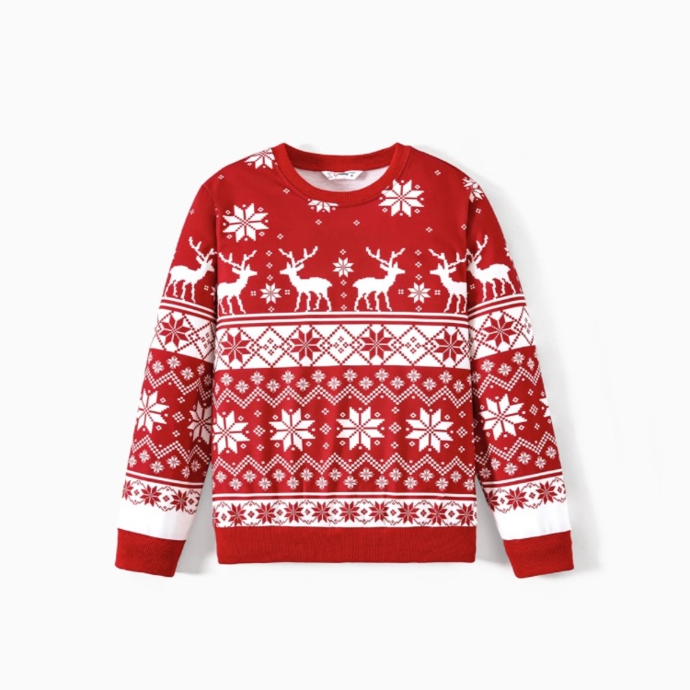 Patpat Men Snowflake Reindeer Print  Long Sleeve Xmas Tops Red Sweatshirt